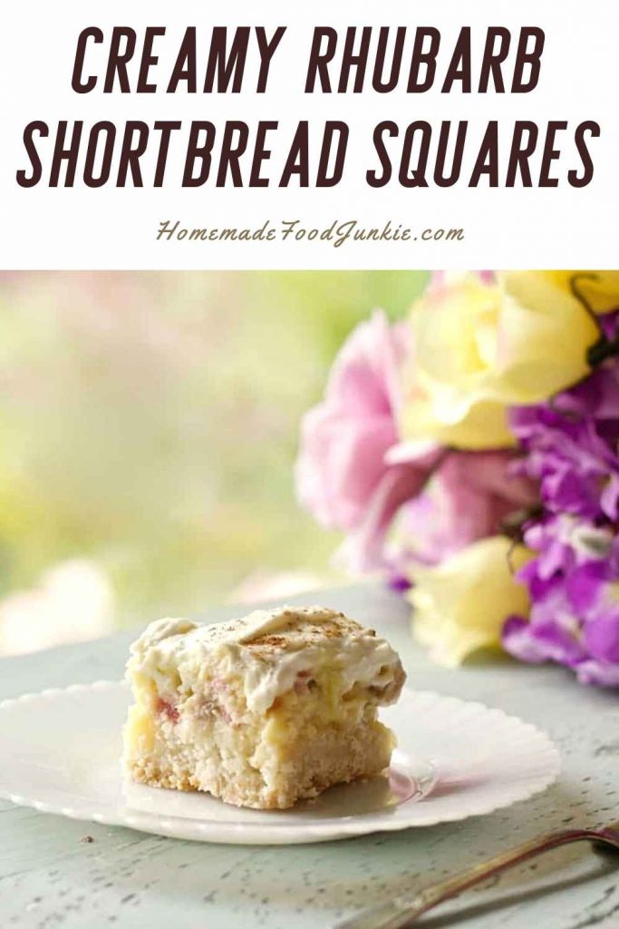 Creamy rhubarb shortbread squares-pin image