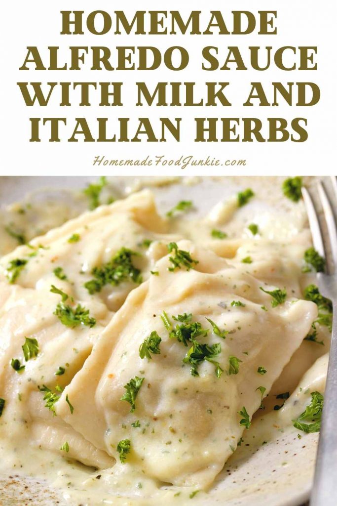 Homemade alfredo sauce with milk and italian herbs-pin image