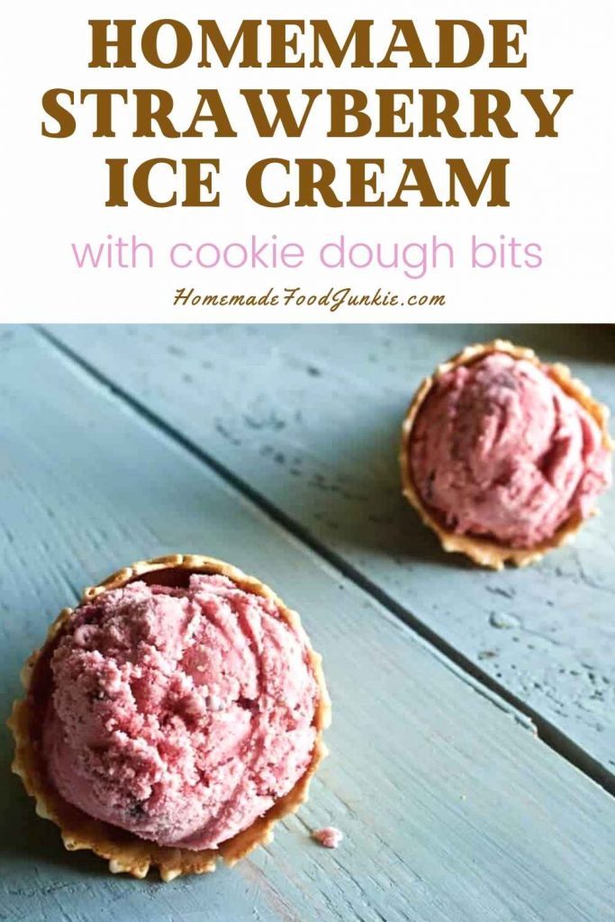 Homemade strawberry ice cream with cookie bits-pin image