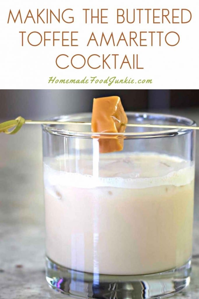Making the buttered toffee amaretto cocktail-pin image