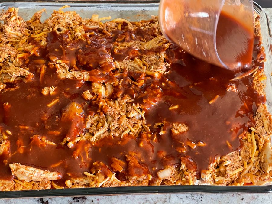 layer chicken over sauce. Pour sauce over chicken