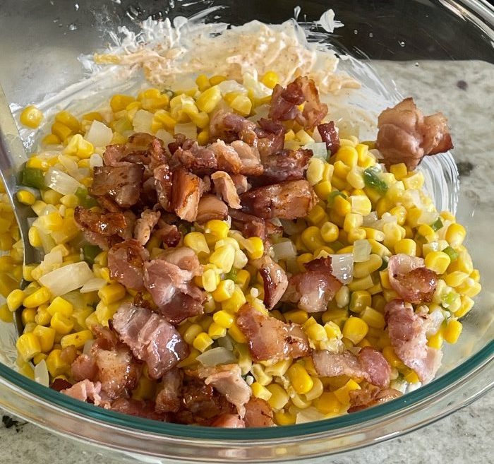 add cooked bacon and veggies-corn dip
