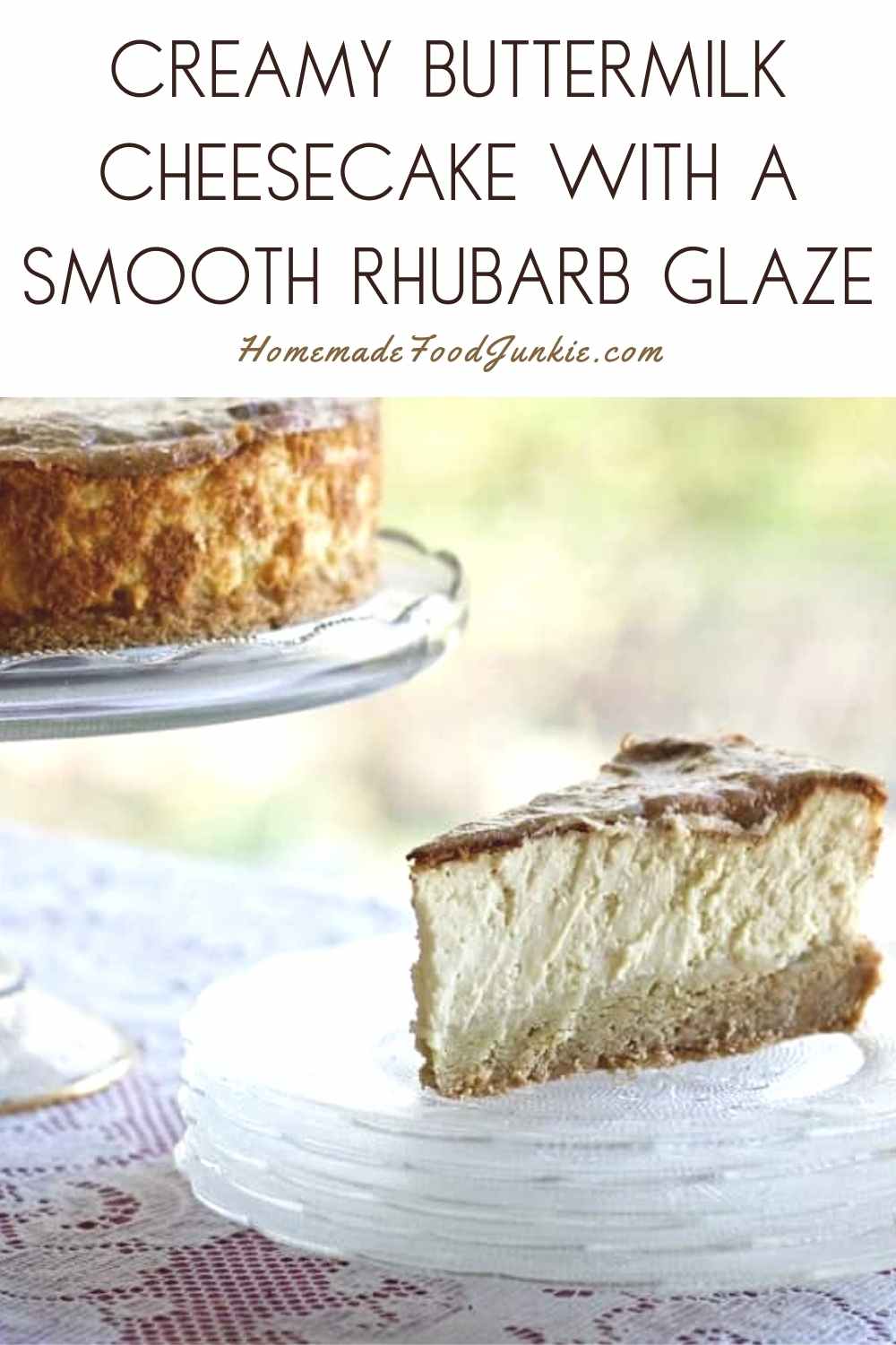 Blueberry Swirl Cheesecake with Blueberry Sauce 9 Creamy buttermilk cheesecake with a smooth rhubarb glaze-pin image