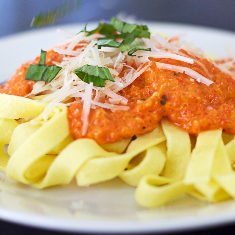 homemade red pepper sauce on nnoodles