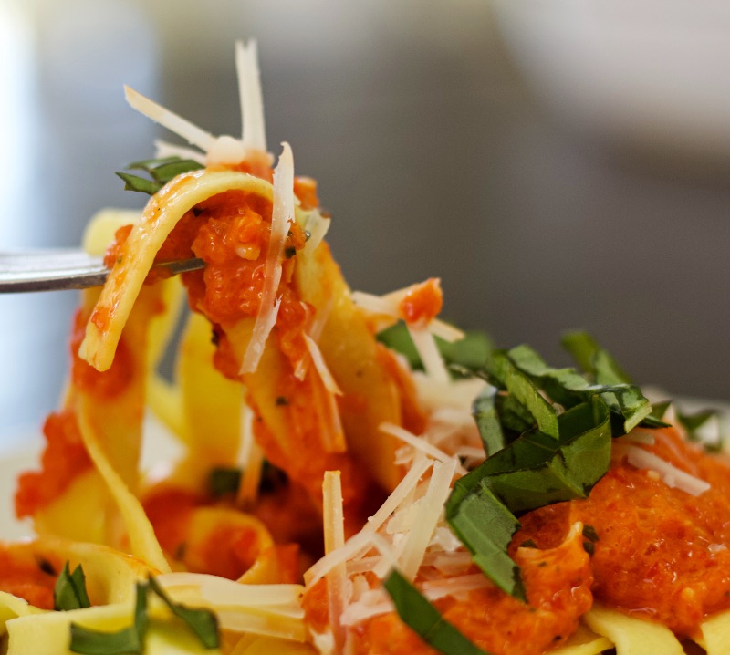 homemade red Roasted Red pepper sauce on noodles