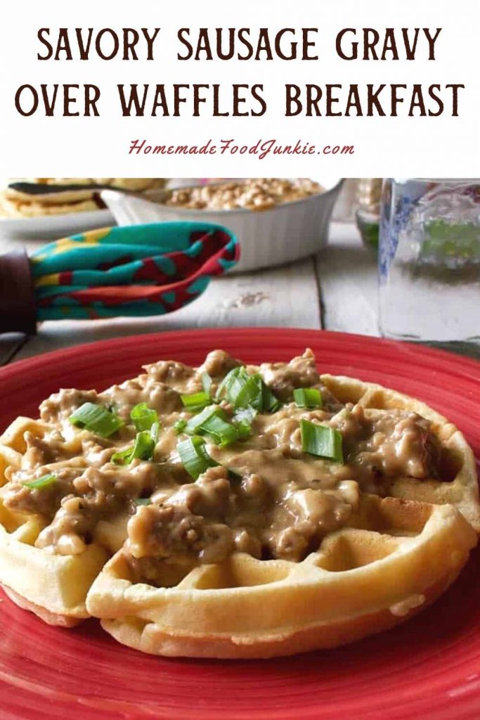 Savory sausage gravy over waffles breakfast-pin image