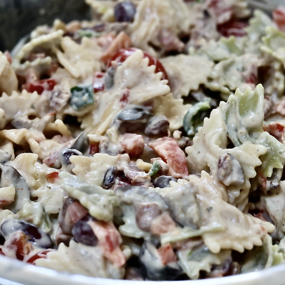 bacon ranch pasta salad in a big bowl