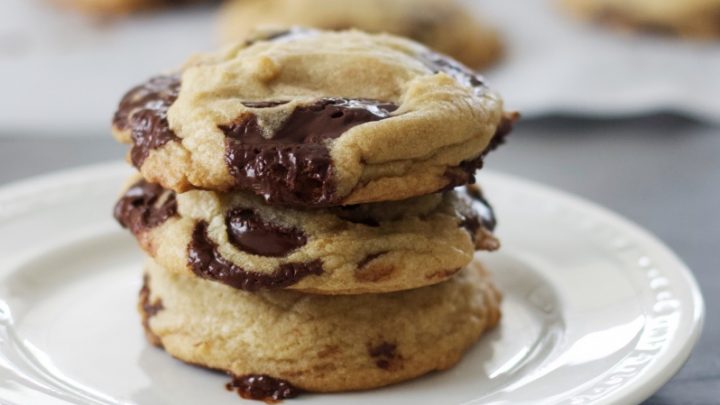 dark chocolate chip cookies stacked