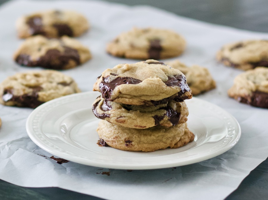 plated dark chocolate chip cookies