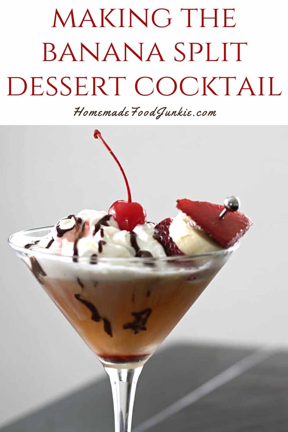 Making the banana split dessert cocktail-pin image