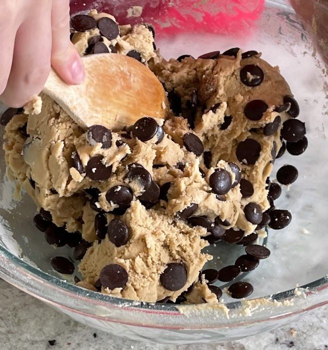 mixing in large dark chocolate chips