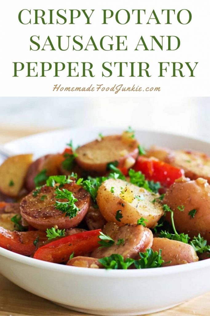 Crispy potato sausage and pepper stir fry-pin image