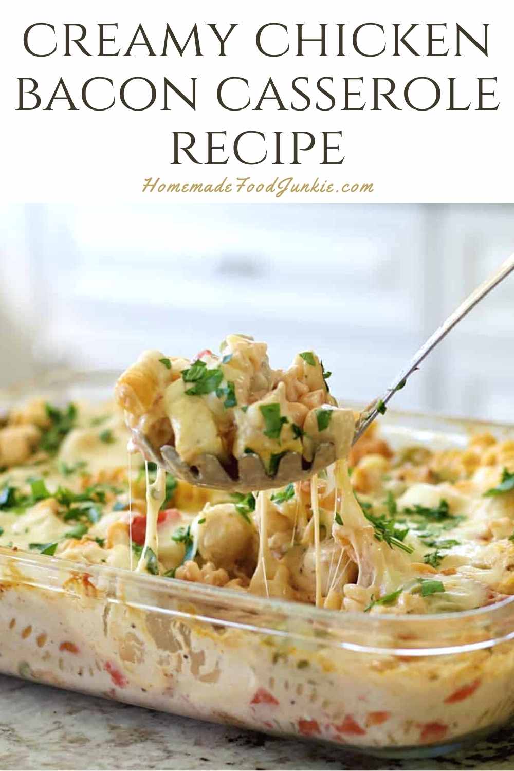 Creamy chicken bacon casserole recipe-pin image