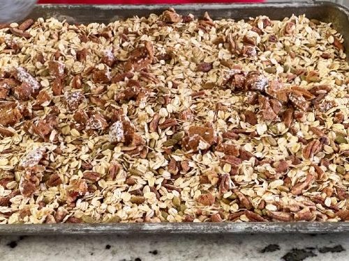 dry ingredients on baking sheet-pumpkin granola