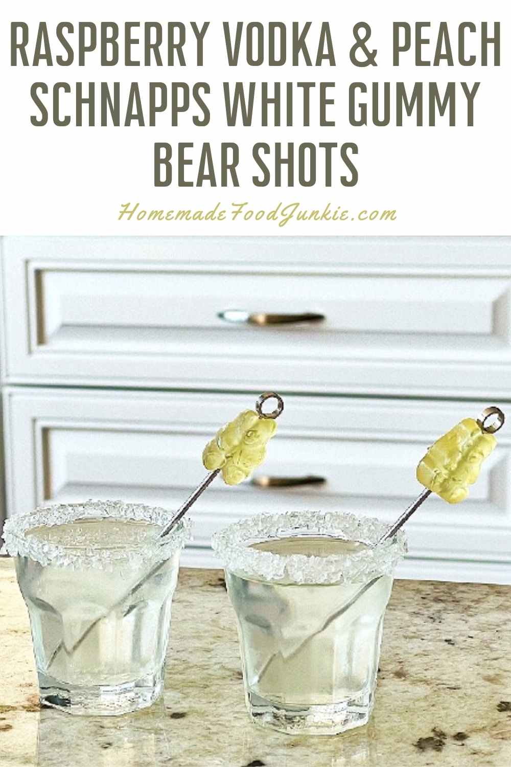 Raspberry vodka and peach schnapps white gummy bear shots-pin image