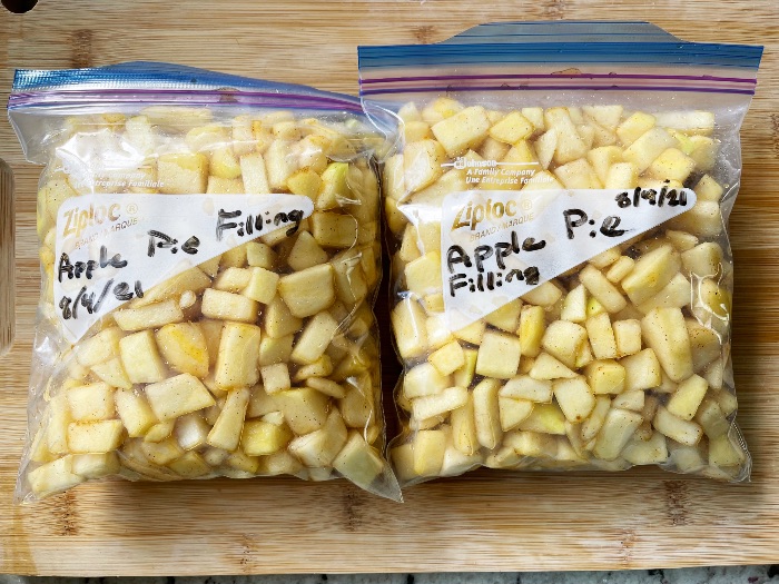 two bags of apple pie filling for freezer
