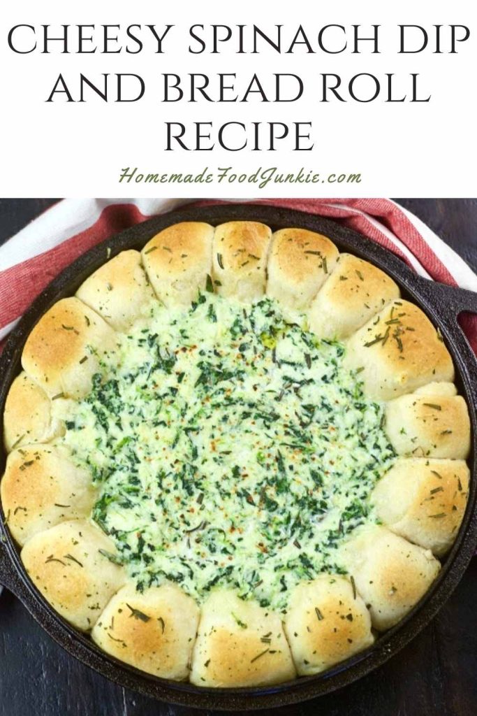 Cheesy spinach dip and bread roll recipe-pin image