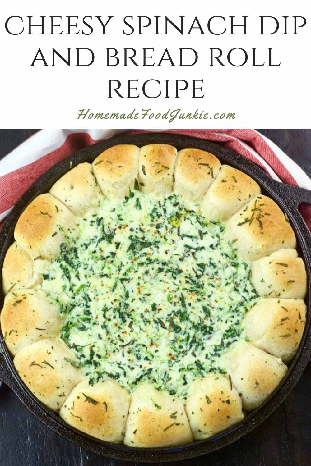 Cheesy spinach dip and bread roll recipe-pin image