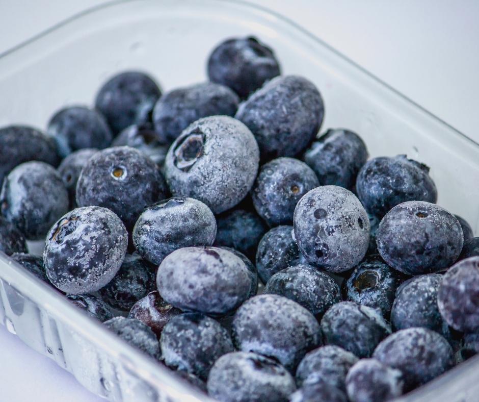 frozen blueberries in plastic container