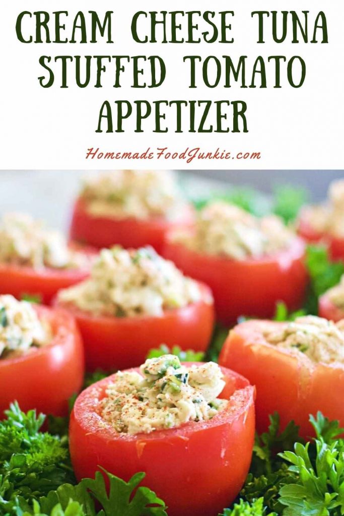 cream cheese tuna stuffed tomato appetizer-pin image
