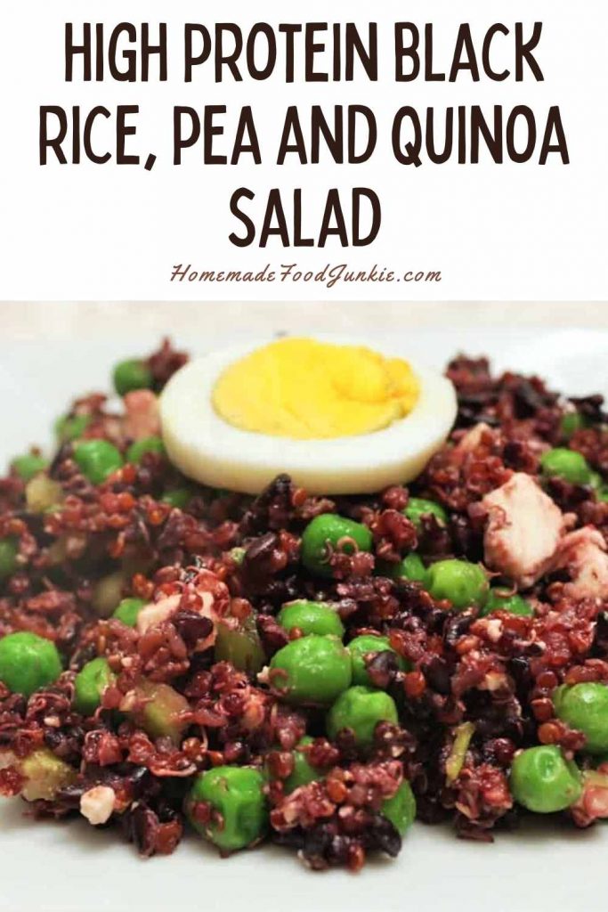 high protein black rice, pea and quinoa salad-pin image