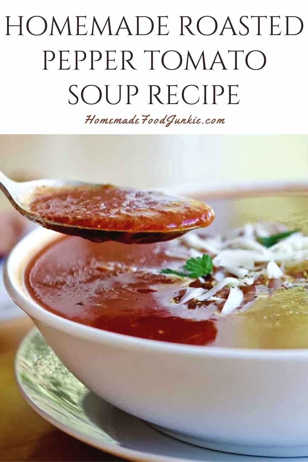 homemade roasted pepper tomato soup recipe-pin image