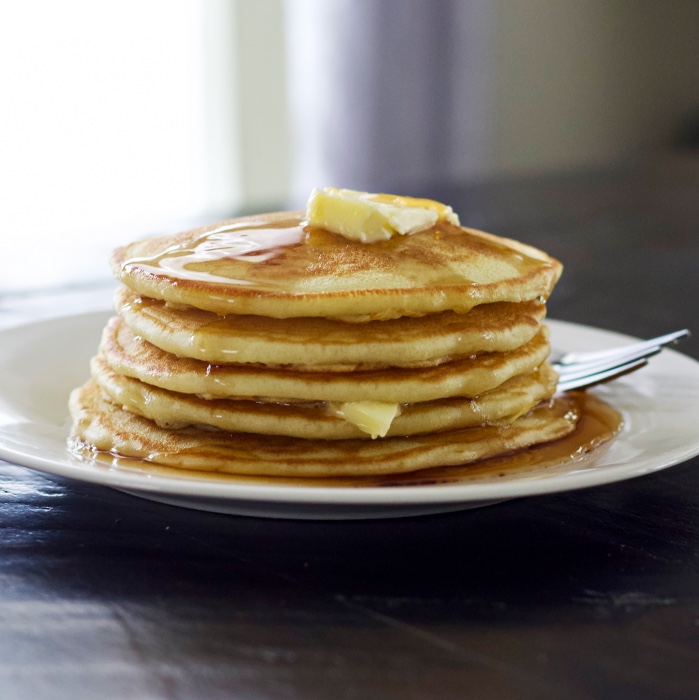 Discard Sourdough Pancakes 2 stack of plated sourdough pancakes