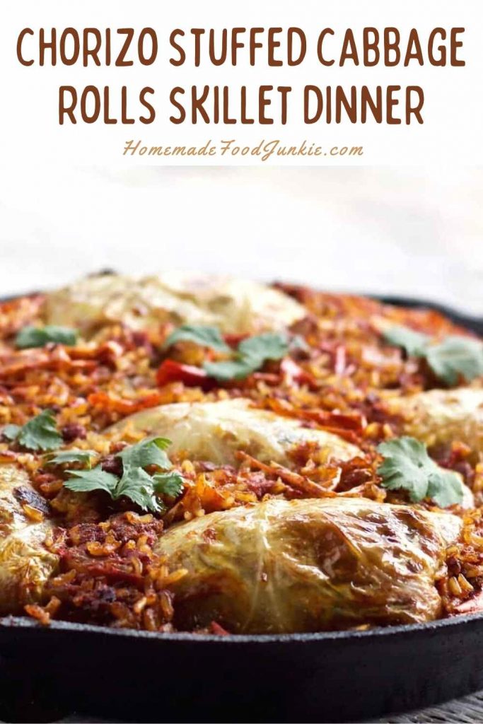 chorizo stuffed cabbage rolls skillet dinner-pin image