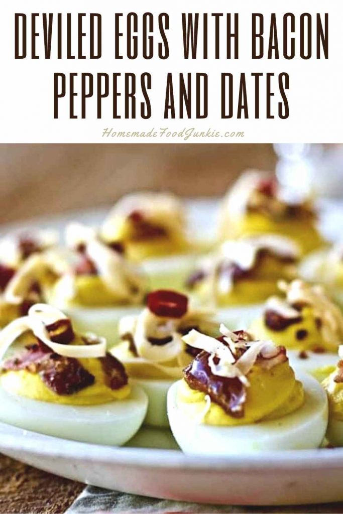 deviled eggs with bacon peppers and dates-pin image