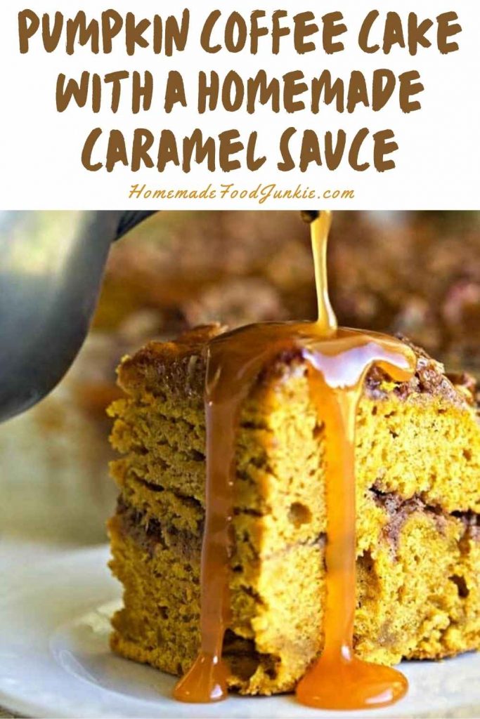 pumpkin coffee cake with a homemade caramel sauce-pin image