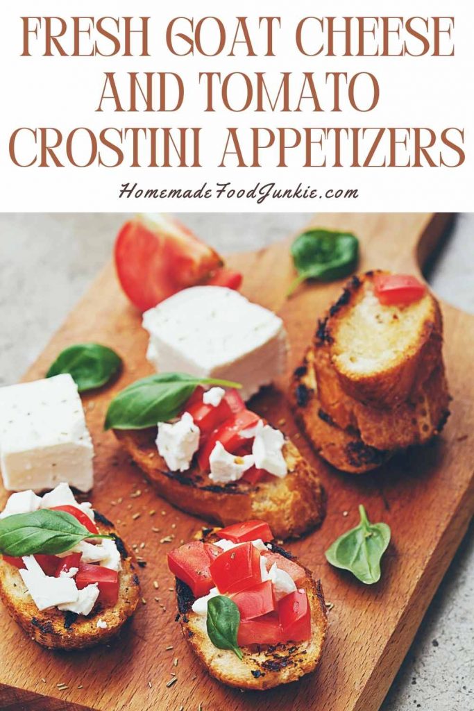fresh goat cheese and tomato crostini appetizers-pin image