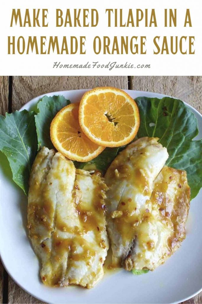 baked tilapia in a homemade orange sauce-pin image