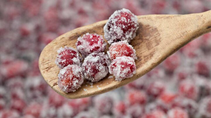 sugared cranberries on wooden spoon
