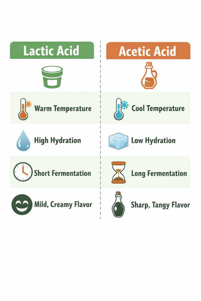 Chart showing how fermentation conditions influence sourdough flavor profile by favoring lactic acid or acetic acid production.