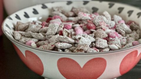 side view of Valentines puppy chow recipe