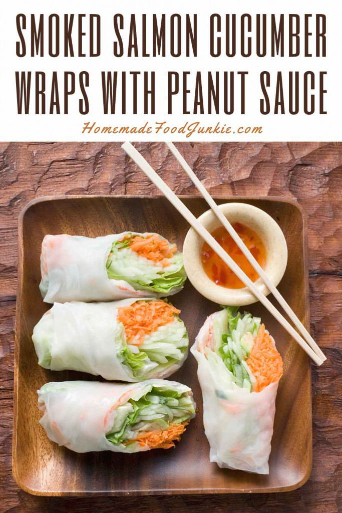 smoked salmon cucumber wraps with peanut sauce-pin image