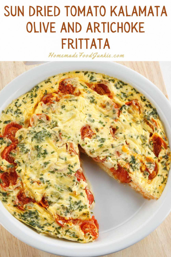Flavorful Mediterranean Frittata Recipe 8 sun dried tomato kalamata olive and artichoke frittata-pin image
