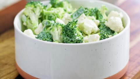 green and white broccoli cauliflower salad