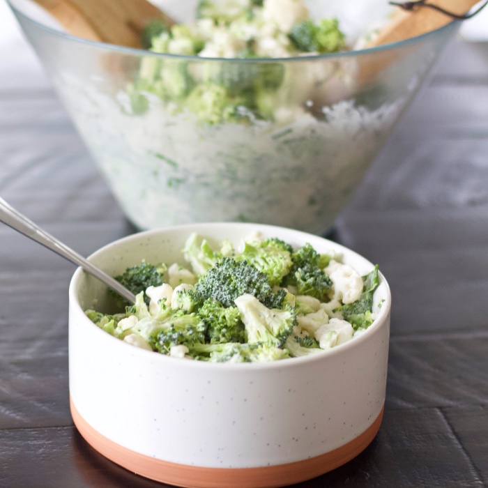 green and white broccoli cauliflower salad