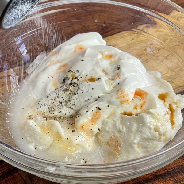 combine dressing ingredients in medium bowl