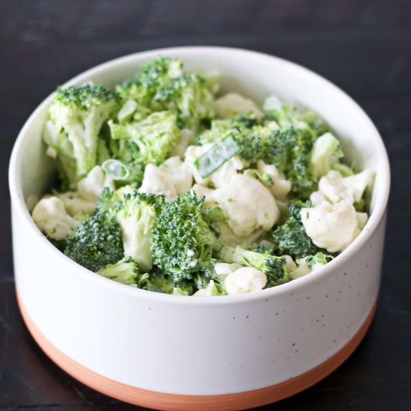 green and white broccoli cauliflower salad