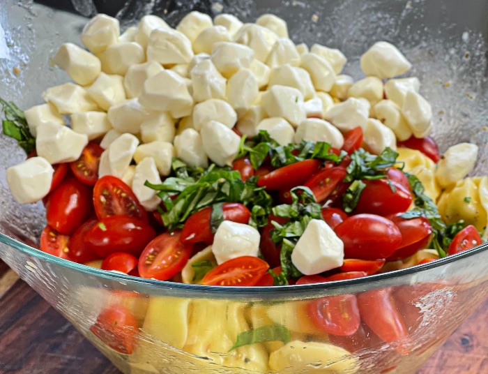 assembled caprese tortellini pasta salad