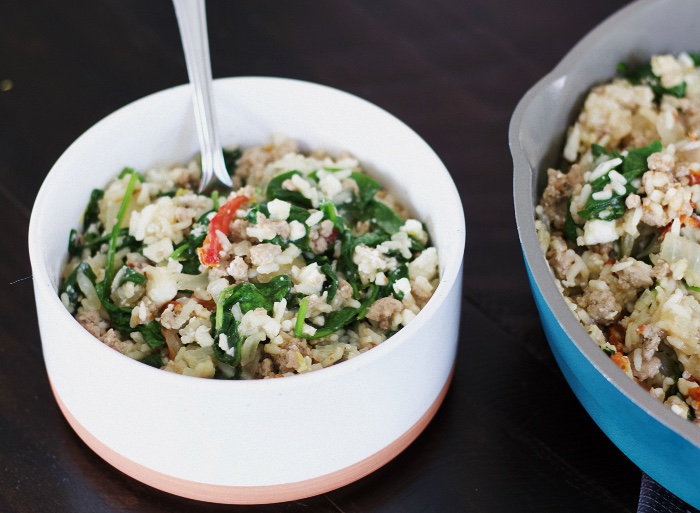 ground turkey skillet dinner in a bowl next to skillet