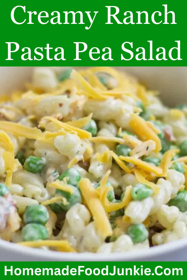 creamy ranch pasta pea salad in a bowl