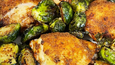 air fryer baked chicken thighs with roasted Brussel sprouts