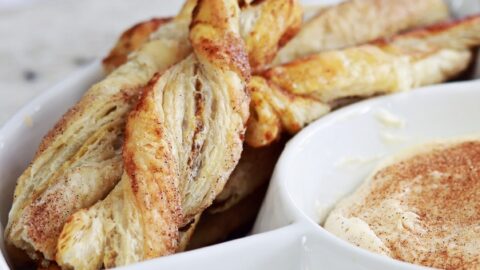 baked pumpkin pie twists in white serving dish