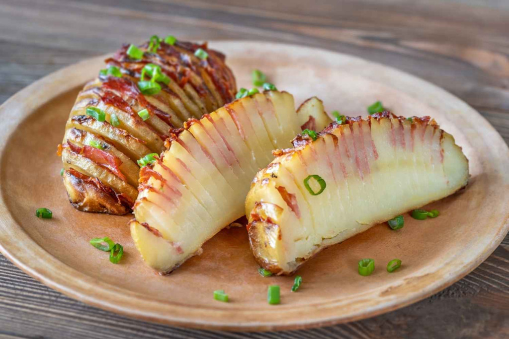 Hasselback Potatoes cut to see interior of the potatoes