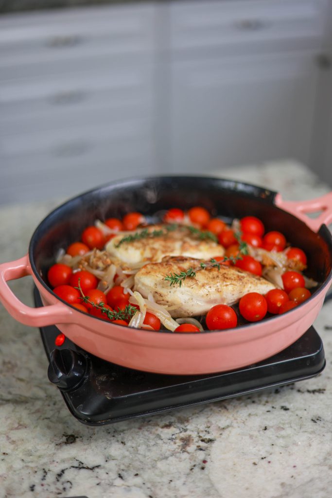 chicken with burrata, tomatoes, and thyme