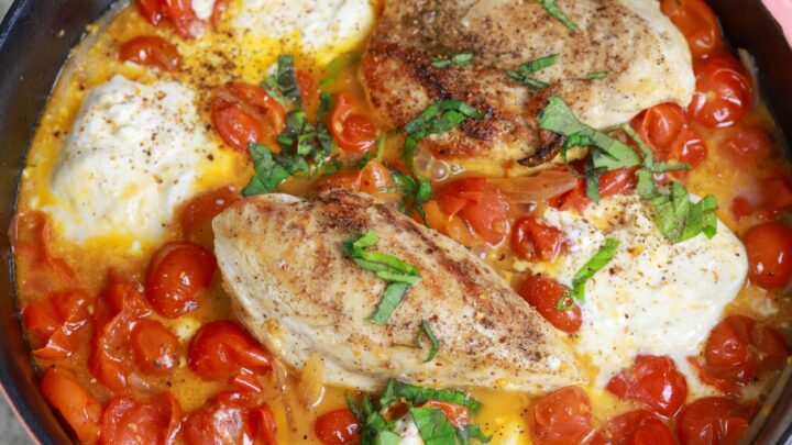 Chicken burrata with braised cherry tomatoes