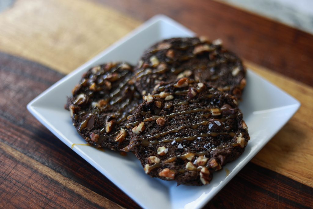 turtle cookies with a salted caramel drizzle